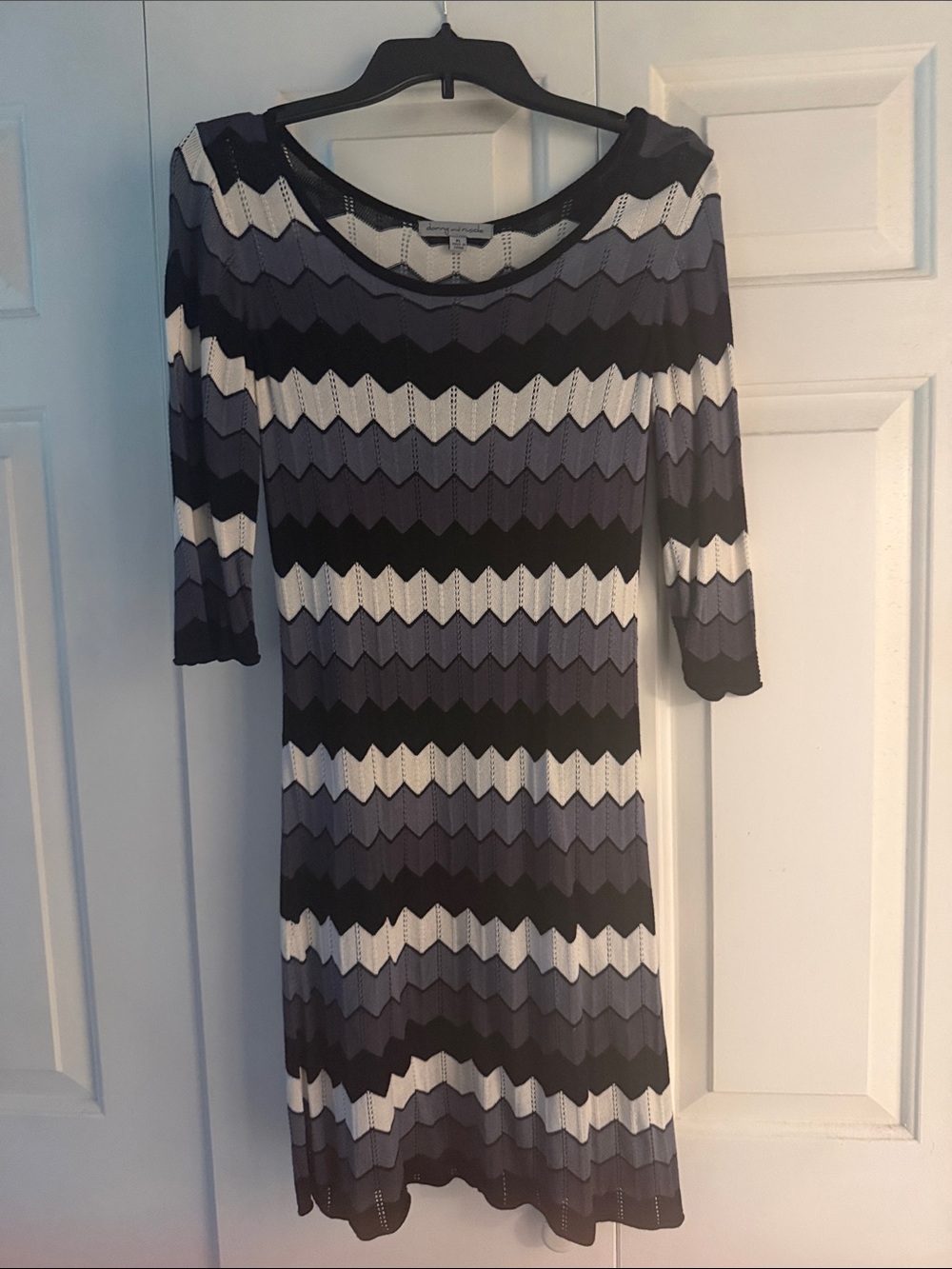 Danny & Nicole Chevron Stripe Midi Dress - Blue, Black & White